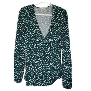 Boden Womens Green Floral Long Sleeve V-Neck wraBlouse Size 12 Viscose & Elastan